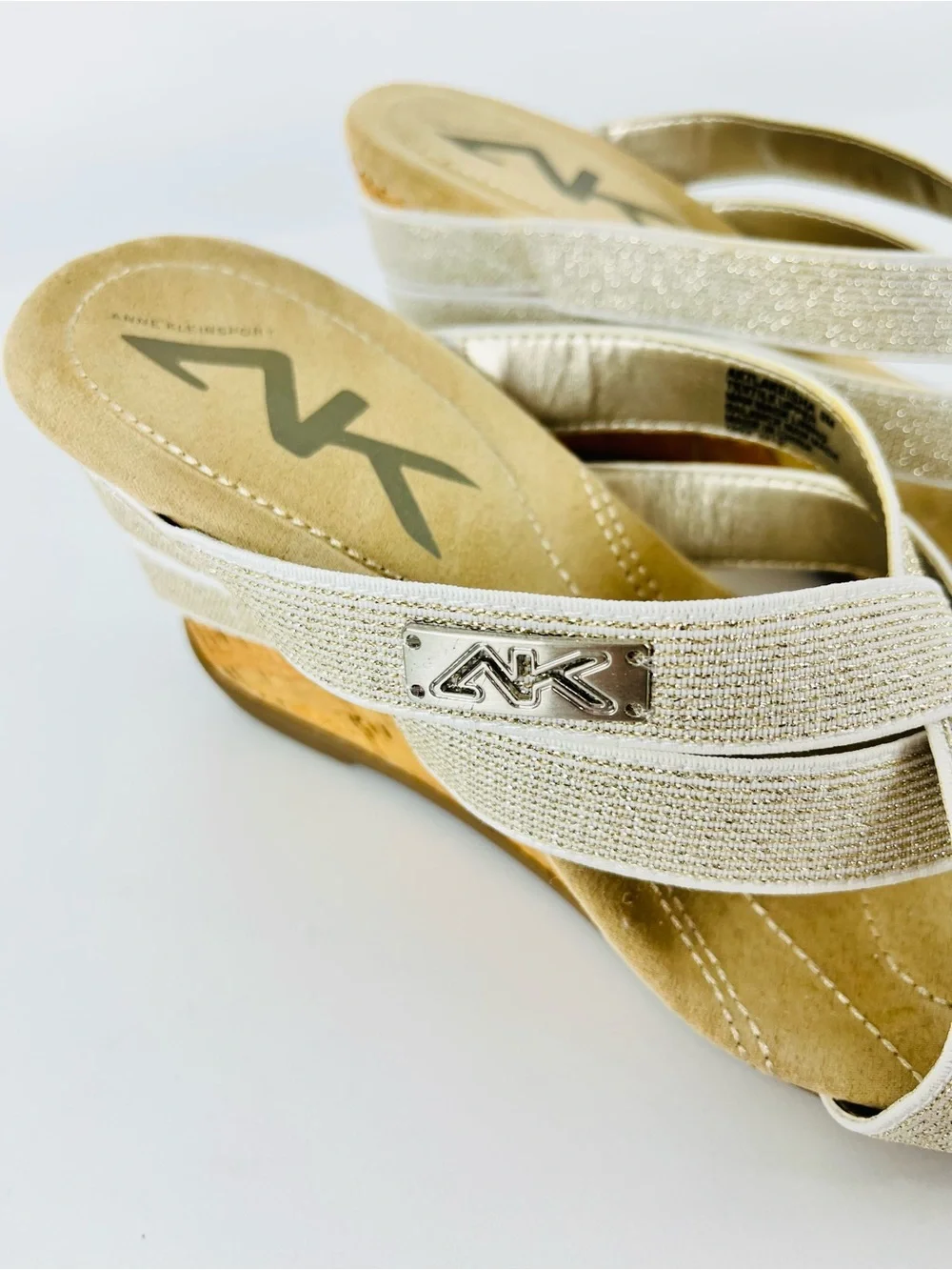 Anne Klein Sport Lakeisha Wedge Sandals Gold Shimmer Textile Bands Size 8
